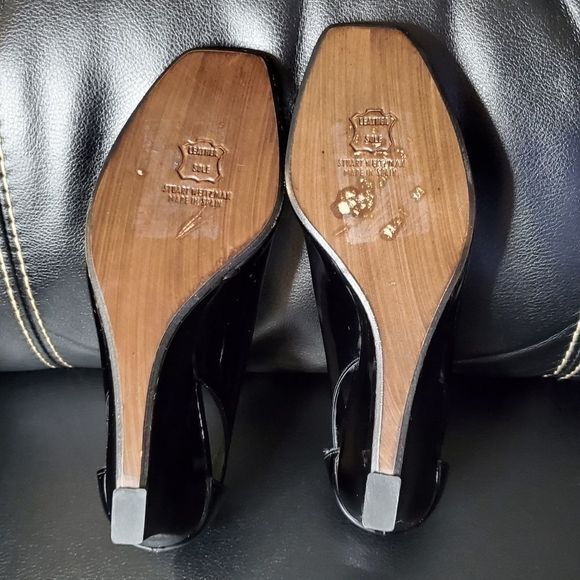 STUART WEITZMAN Belmont Peep-Toe Wedge Heel Black Patent Leather Size 9.5 - Picture 9 of 9